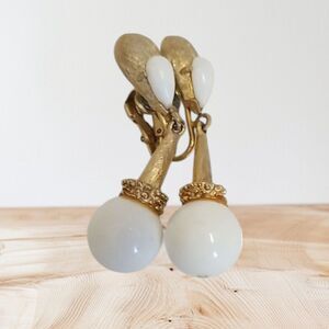 Vintage Gold White Faux Pearl Drop Earrings Clip On Mid Century MCM Dangle